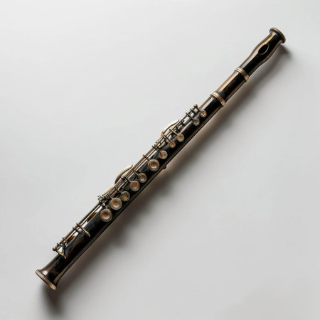 A beautifully crafted wooden flute displayed against a minimalist background, highlighting the intricate design and artistry of this beloved musical instrument.の素材