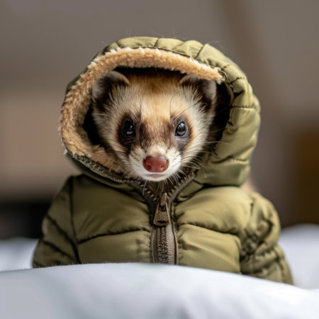 A cute ferret wearing a cozy jacket, captured in a playful indoor setting. This adorable pet exudes charm and personality, perfect for animal lovers looking for fun imagery.の素材