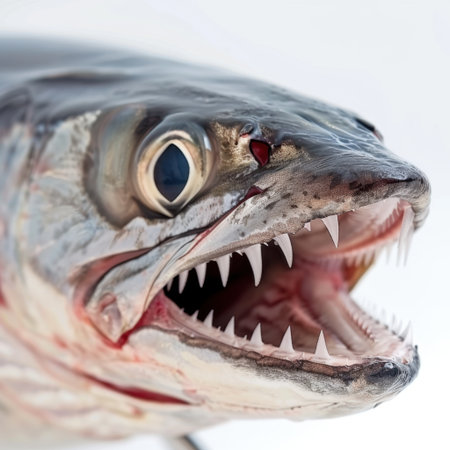 Detailed close-up of a fierce fish showcasing sharp teeth and intense eye, highlighting the beauty and danger of aquatic predators in nature photography.の素材