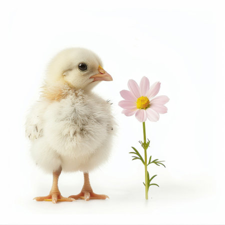 A delightful yellow chick stands beside a soft pink flower, showcasing the beauty of nature. This charming scene captures the essence of innocence and springtime joy.の素材