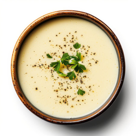 This image showcases a creamy soup served in a brown bowl, garnished with fresh herbs and black pepper, set against a clean white background, ideal for food publications.の素材