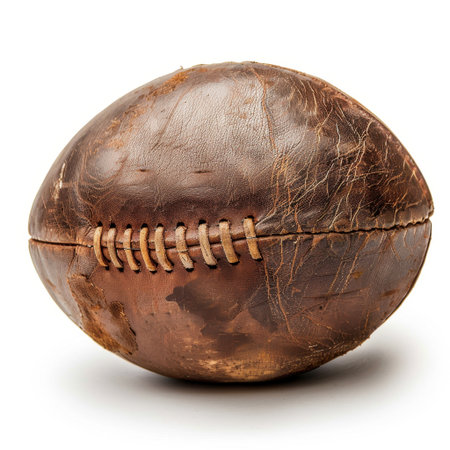 This image features a vintage leather football with distinctive textures and stitching, highlighting the rugged beauty of classic sports gear and its historical significance.の素材