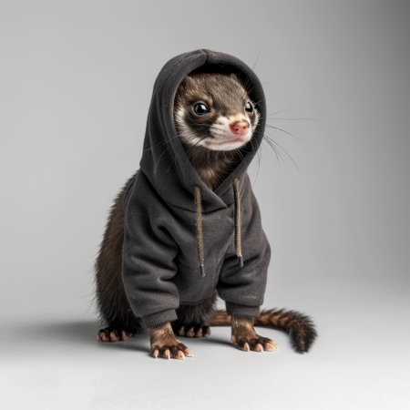 A charming ferret in a trendy hoodie strikes a playful pose, showcasing its quirky character in a soft-lit studio, perfect for pet lovers and fashion enthusiasts.の素材