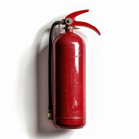 A bright red fire extinguisher shown on a clean white background, ideal for illustrating fire safety, emergency preparedness, and safety training materials.の素材