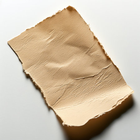 This stock photo features a piece of textured beige paper with jagged edges. The image emphasizes the natural imperfections, perfect for creative projects.の素材