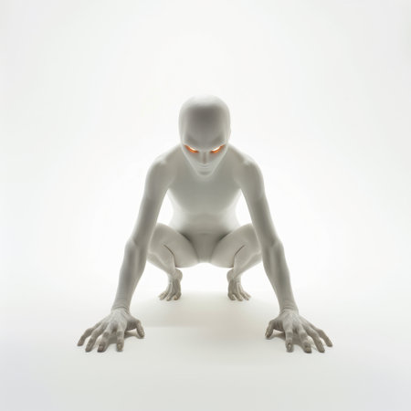 This striking abstract humanoid figure features pale skin, glowing eyes, and an athletic pose, inviting viewers into a world of elegance and imagination.の素材