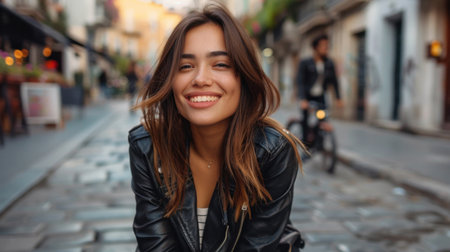 A young woman exudes happiness as she smiles while sitting on the cobblestone street of a vibrant city. The cheerful vibe captures the essence of joyful city life.の素材