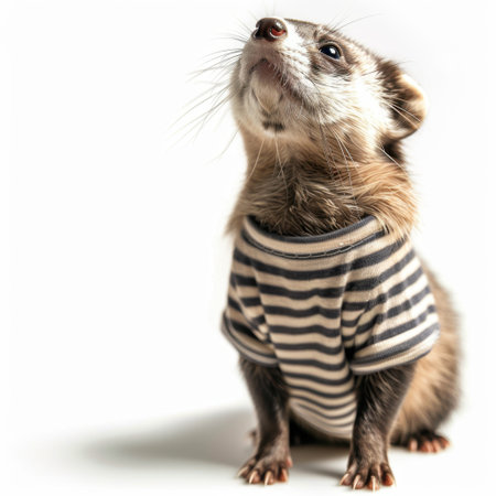 A charming ferret dressed in a striped shirt gazes upward, showcasing its playful personality. Its soft fur and curious expression create a delightful image, perfect for pet lovers.の素材