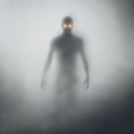 An enigmatic figure shrouded in thick fog displays glowing eyes, evoking a sense of mystery and suspense. This captivating image explores themes of isolation and intrigue.の素材