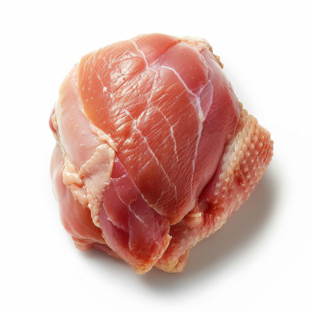 A fresh cut pork shoulder displayed against a clean white background, showcasing its succulent marbling and tender texture. Ideal for cooking and meal preparation.の素材