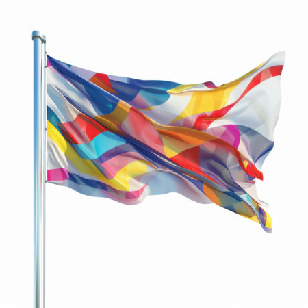 A stunning abstract flag design features a variety of colorful patterns that create an impression of dynamic movement, evoking feelings of freedom and creativity.の素材