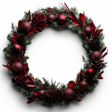 This beautifully crafted Christmas wreath features rich red ornaments and natural pinecones, perfect for adding a festive touch to your holiday decor.の素材