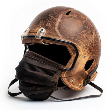 A vintage football helmet showcasing its scratches is adorned with a black face mask, symbolizing safety and health precautions in sportswear.の素材