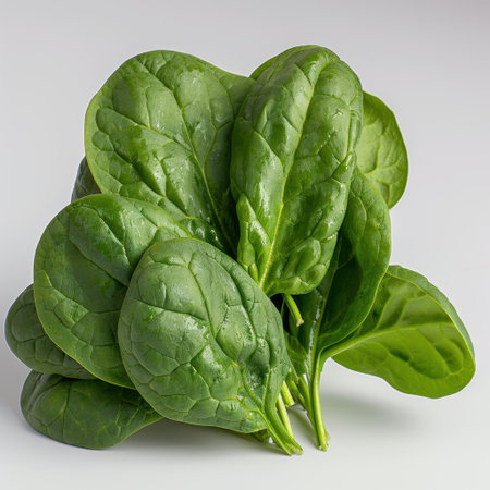 A vibrant bunch of fresh spinach leaves presented beautifully against a white background, showcasing the health benefits and culinary versatility of this nutritious green.の素材