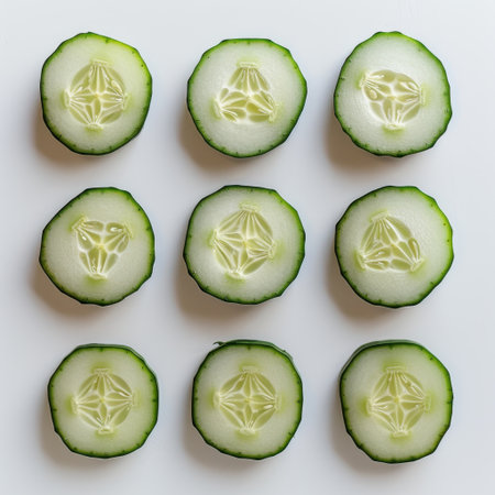 A visually appealing arrangement of fresh cucumber slices showcases the natural beauty and texture of this healthy vegetable, perfect for various culinary uses.の素材