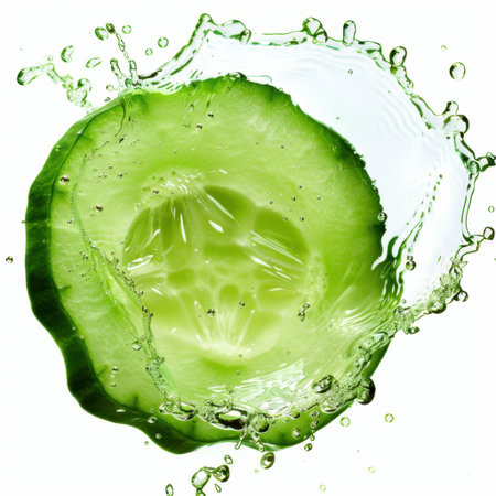 A vibrant slice of cucumber splashes into clear water, creating bubbles and showcasing its fresh, healthy appeal. Ideal for food, wellness, and hydration themes.の素材