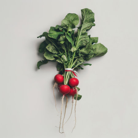 A bunch of freshly harvested red radishes with lush green leaves rests against a neutral background, ideal for promoting health, nutrition, and cooking inspiration.の素材