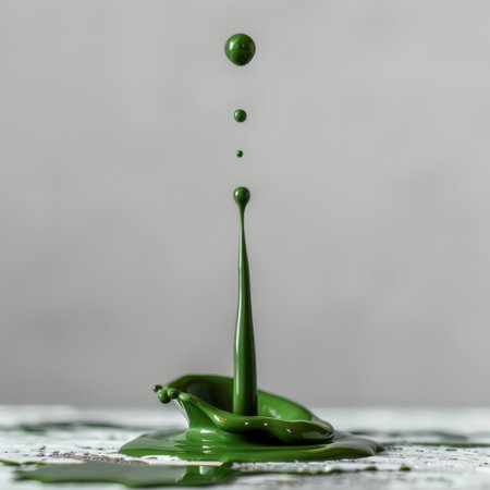 A striking macro shot of a green paint droplet creating a mesmerizing splash on a smooth surface, showcasing artistic beauty and intricate details in motion.の素材