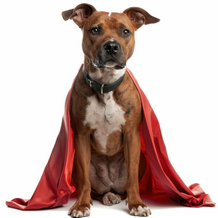 A playful brown dog draped in a bright red cape presents an engaging pose against a clean white backdrop, showcasing its lively spirit and adorable character.の素材