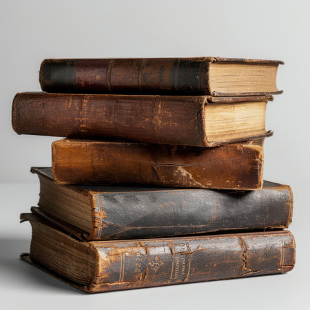A collection of vintage leather-bound books stacked on a neutral surface, embodying nostalgia and the charm of aged literature perfect for historical or educational themes.の素材