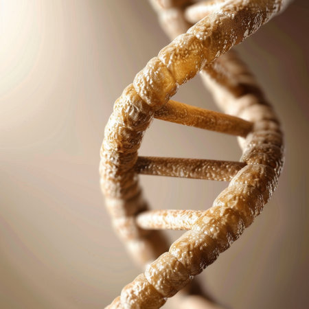 This image features a detailed close-up of a DNA double helix, showcasing its unique structure and the intricate pattern of the sugar-phosphate backbone essential to genetics.の素材