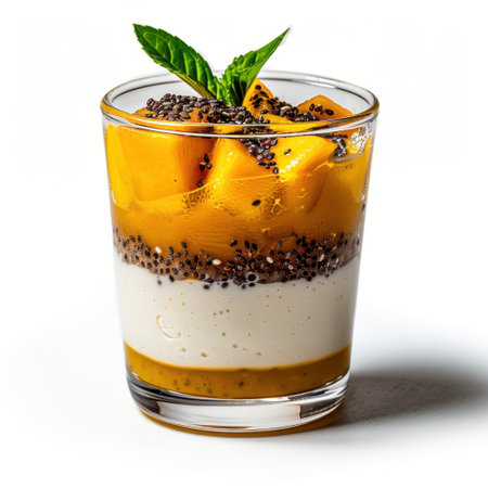 A beautiful glass dessert featuring layers of creamy coconut, juicy mango pieces, and crunchy chia seeds. Perfect for summer enjoyment or special occasions.の素材