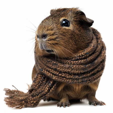 This charming image features a guinea pig dressed in a cozy brown scarf, showcasing its adorable expression and soft fur. Perfect for pet lovers and animal enthusiasts.の素材