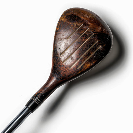 A close-up view of a vintage wooden golf club head set against a clean white background. Ideal for showcasing classic golf aesthetics, sports history, or collection themes.の素材