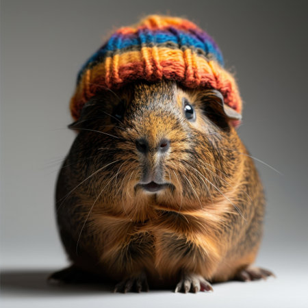 A charming guinea pig dons a vibrant knitted hat, showcasing its cute expression and playful demeanor. This image captures the delightful essence of pet fashion and joy.の素材