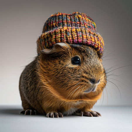 This delightful image showcases a guinea pig wearing a knitted hat, highlighting the charm of small pets in a soft and cozy setting, ideal for pet enthusiasts.の素材