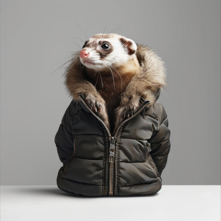 This charming image features a ferret dressed in a stylish winter jacket with a fur collar. Perfect for showcasing the playful side of animals and unique fashion.の素材