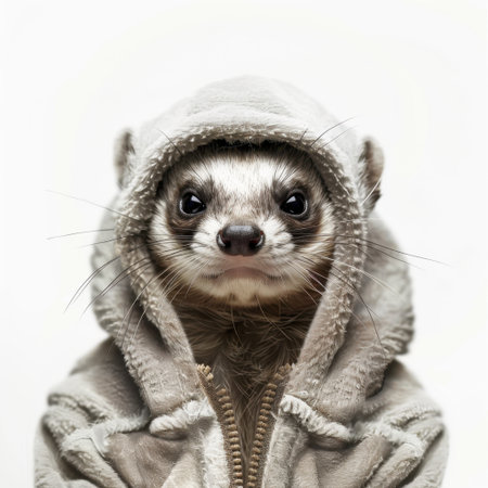 A delightful ferret dons a soft hoodie, showcasing its playful nature and charming expression. This captivating image highlights the joy of furry companions in a cozy setting.の素材