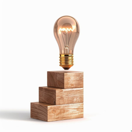 A stylish light bulb sits atop stacked wooden blocks, presenting a unique visual concept of creativity and innovation against a clean white background.の素材