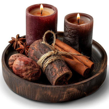 This serene arrangement features candles, cinnamon sticks, star anise, and rustic elements on a wooden tray, perfect for creating a warm and inviting atmosphere.の素材