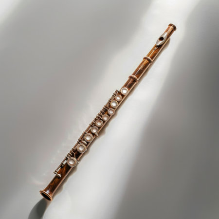A stunning wooden flute lies elegantly on a soft surface, illuminated by soft light, emphasizing its intricate design and craftsmanship that embodies musical elegance.の素材