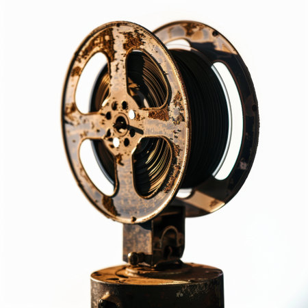 A vintage metal film reel featuring a black film ribbon, beautifully isolated against a white background. Ideal for creative projects, nostalgia themes, and artistic displays.の素材