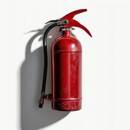 A bright red fire extinguisher is wall-mounted, displaying safety equipment designed for emergency situations. The clean background emphasizes its importance.の素材