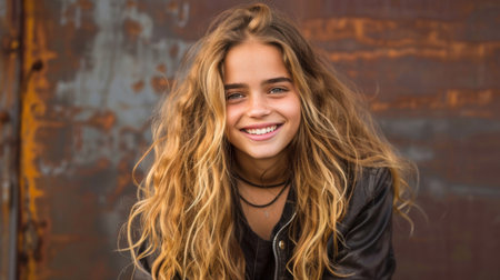 A cheerful girl showcases her vibrant smile, surrounded by an urban backdrop of aged metal. Her long, wavy hair flows freely, capturing the essence of youth and joy.の素材