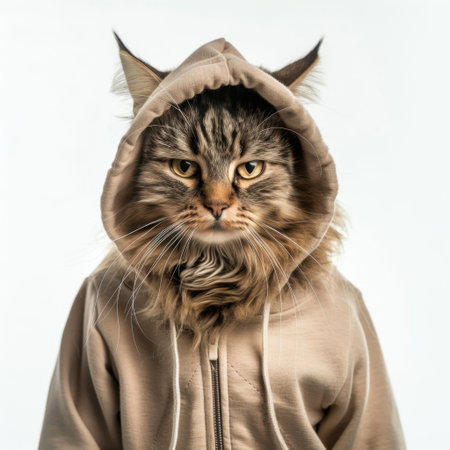 A charming Maine Coon cat dressed in a cozy hoodie features an expressive face against a clean white backdrop, showcasing its playful personality and unique style.の素材