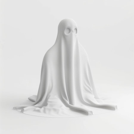 A minimalist ghost figure draped in a white sheet resembles a whimsical spirit with a visible skull. This artistic piece evokes Halloween themes while maintaining simplicity.の素材