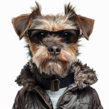 A charming dog wearing trendy sunglasses and a stylish jacket stands confidently against a clean white background, showcasing a playful and fashionable vibe. Perfect for pet lovers!の素材