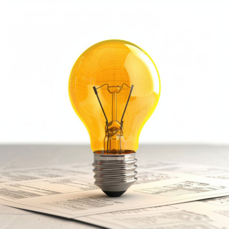 A vibrant yellow light bulb illuminates business documents, representing innovation and fresh ideas in a contemporary office, enhancing creativity and productivity.の素材