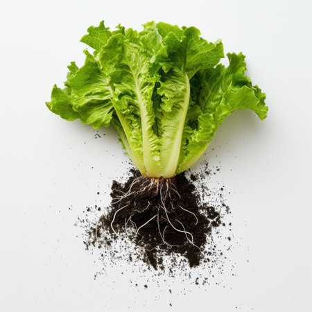 A vibrant green lettuce with visible roots and soil, showcasing the essence of fresh produce. Perfect for food photography, cooking blogs, or health-related projects.の素材