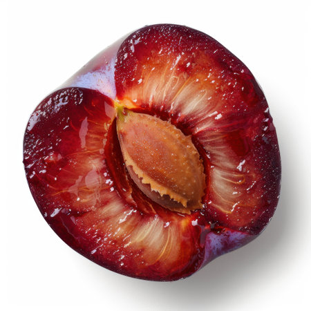 A vibrant half of a red plum, showcasing its juicy texture and water drops on a pristine white background. Ideal for culinary and health-related themes.の素材