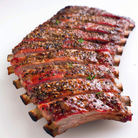 This image showcases a mouthwatering platter of grilled barbeque ribs coated in a spicy glaze and sprinkled with fresh herbs, perfect for any gathering.の素材