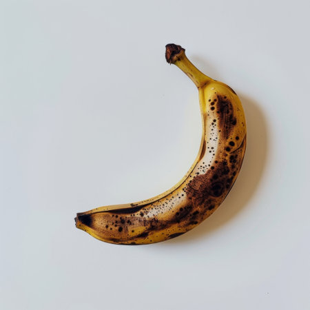 A solitary banana with brown spots rests on a clean white surface, ideal for showcasing healthy eating habits, fruit recipes, and nutrition discussions.の素材