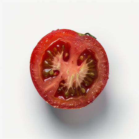A brightly colored half of a fresh tomato sits against a clean white background, highlighting its juicy texture and seed structure for culinary or nutritional use.の素材