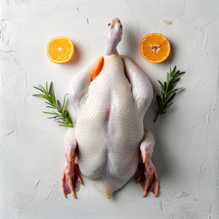 This captivating image features a fresh raw duck displayed with vibrant orange slices and aromatic green herbs, perfect for culinary inspiration and gourmet meals.の素材