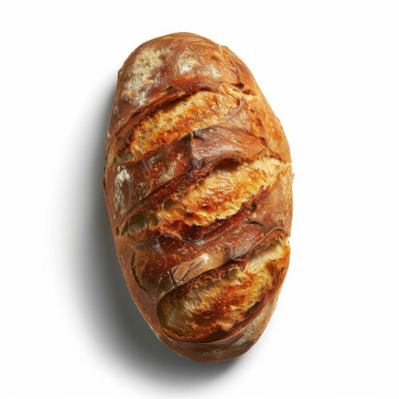 A beautifully shaped artisan bread loaf with a golden, crusty exterior, ideal for culinary imagery, highlighting the art of baking and fresh, delicious ingredients.の素材