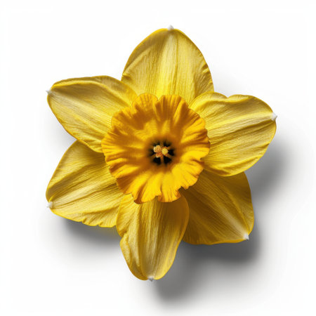 Gorgeous close-up of a bright yellow daffodil flower beautifully illuminated against a pristine white background, perfect for nature lovers and floral enthusiasts.の素材